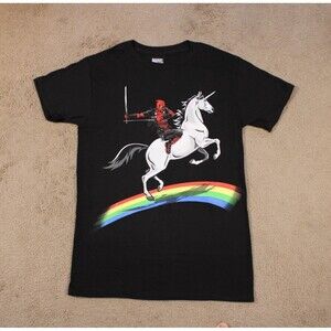 Marvel Deadpool Riding Unicorn Rainbow Graphic Tee (SM) Black Cotton Licensed